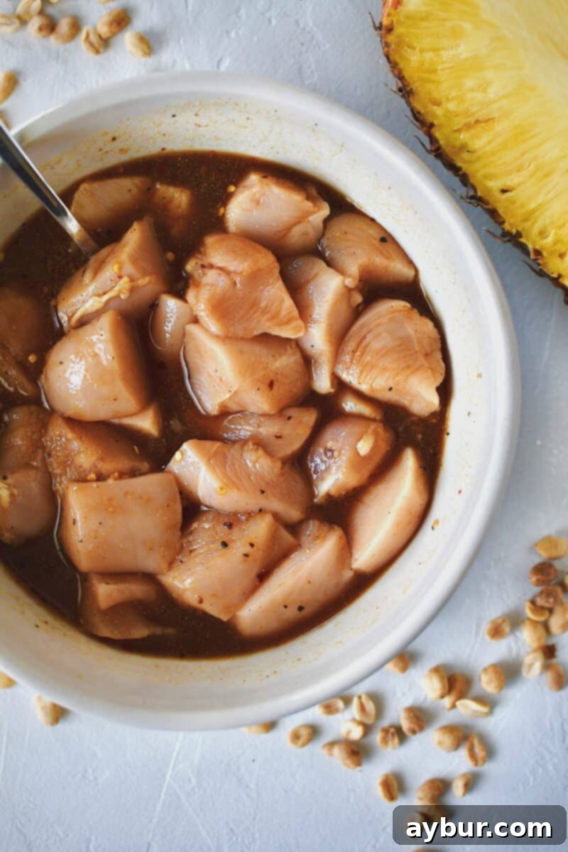 Tropical Peanut Chicken Skewers 4 Chicken marinating in an asian inspired pineapple sauce.