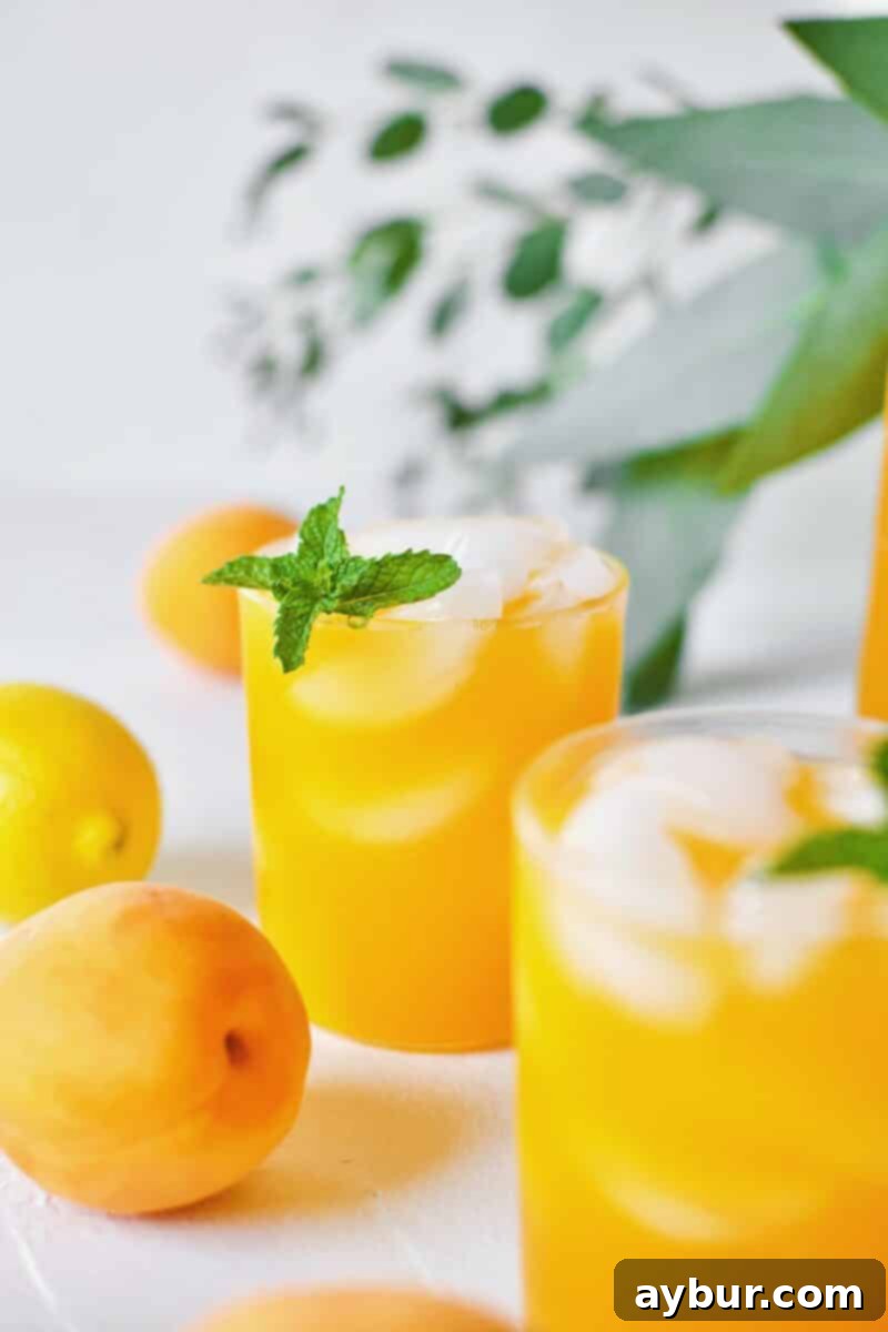 A glass of homemade apricot nectar with ice, garnished with fresh apricots and lemon slices, with a pitcher of the nectar in the background.