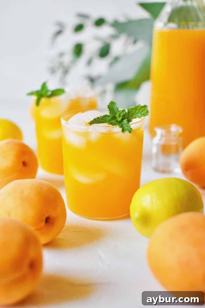 Apricot Nectar Juice in a glass with ice, garnished with lemon and apricot, with a pitcher in the background, set against a rustic wooden surface.