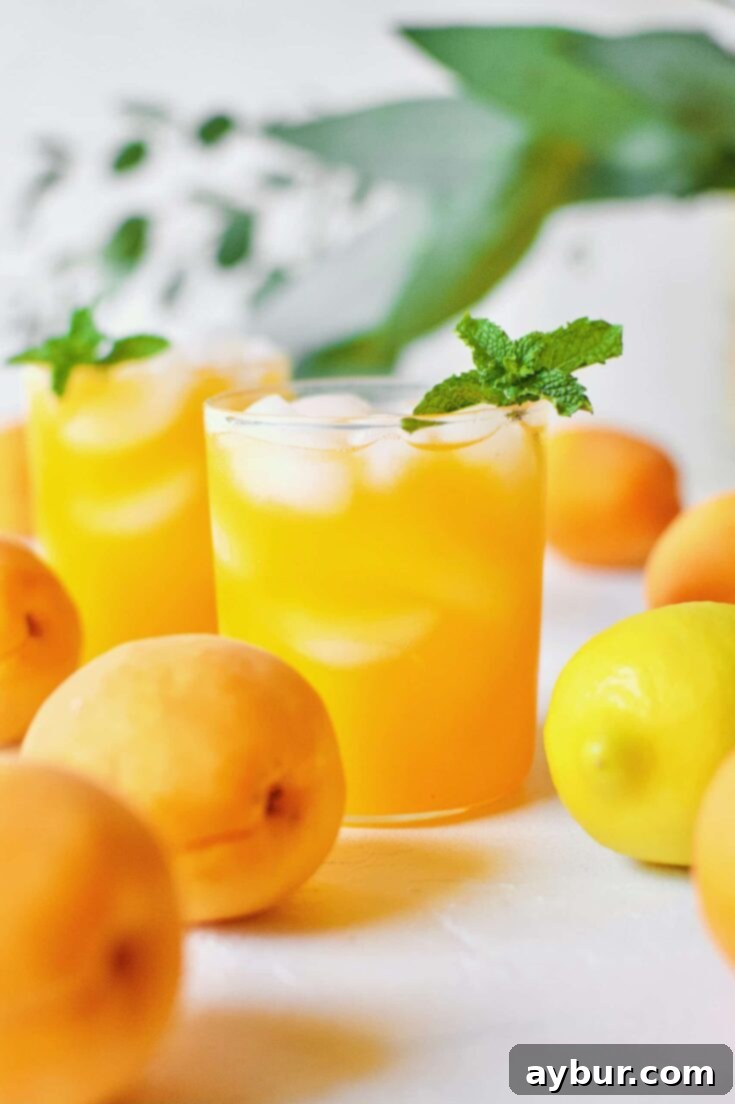 Apricot Nectar Juice in a glass with ice, surrounded by fresh apricots and lemons, with a pitcher of apricot juice in the background.