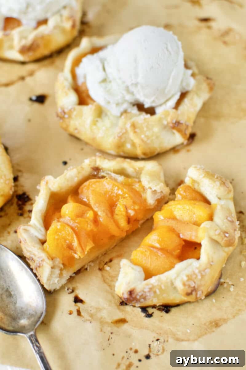 Apricot Tart 19 Apricot Pies fresh out of the oven, topped with vanilla ice cream. With one pie sliced open in the foreground.