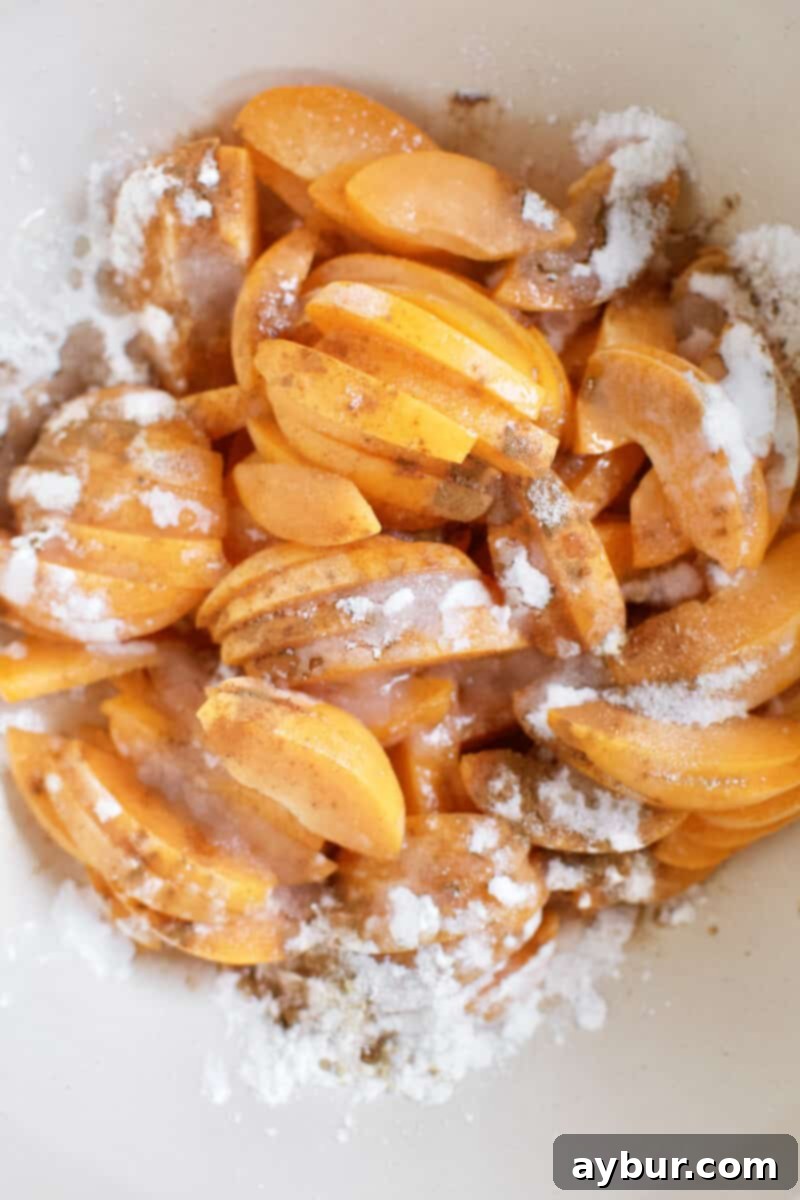 Apricot Tart 5 Fresh apricots sliced and placed in a large bowl, seasoned with spices, sugar, and cornstarch.