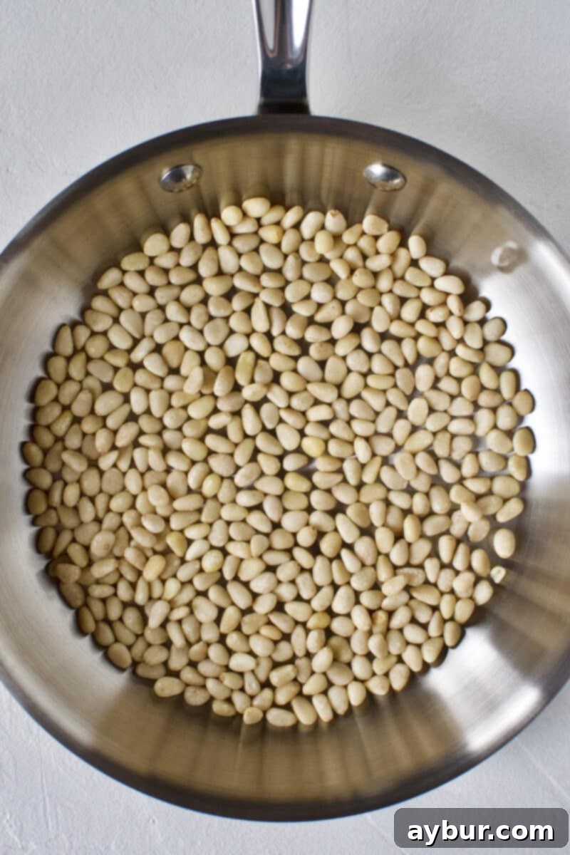 Raw pine nuts in a pan before toasting.