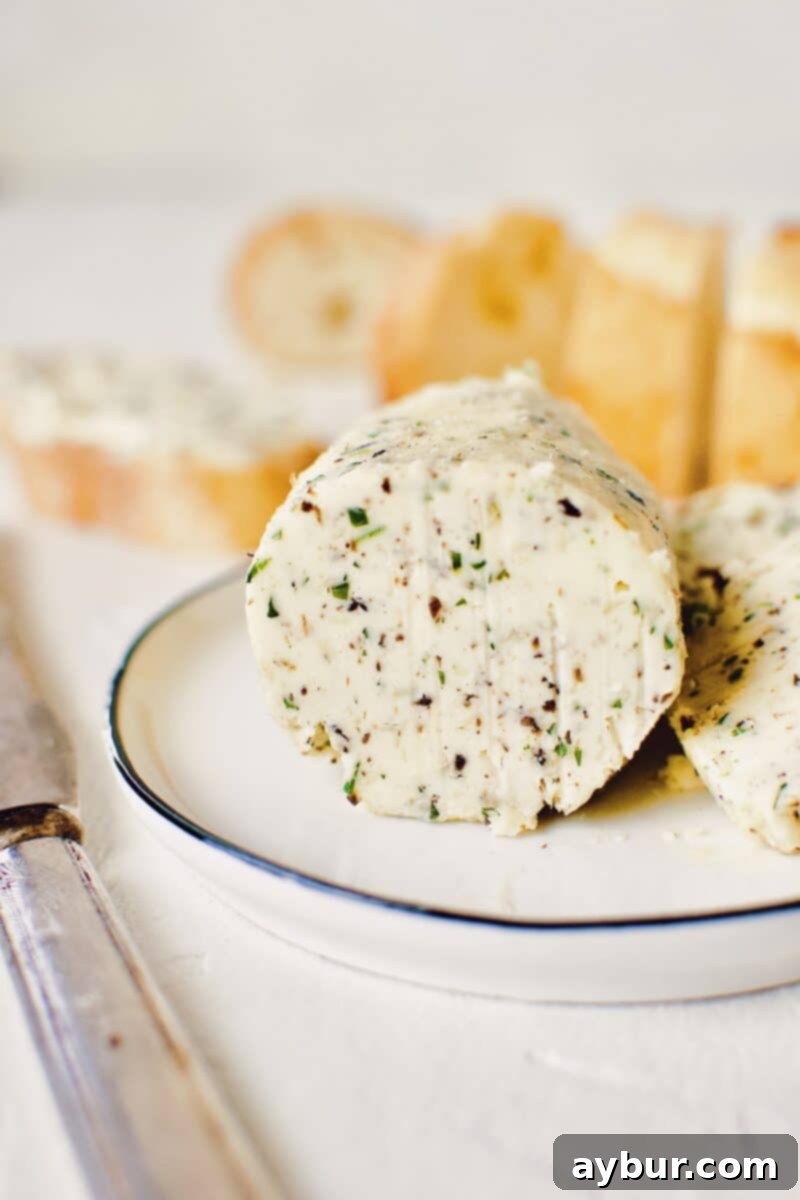 Gourmet Black Truffle Butter 2 A beautifully shaped log of homemade Black Truffle Butter, presented on a plate with a small knife and a few delicate slices ready to be served.