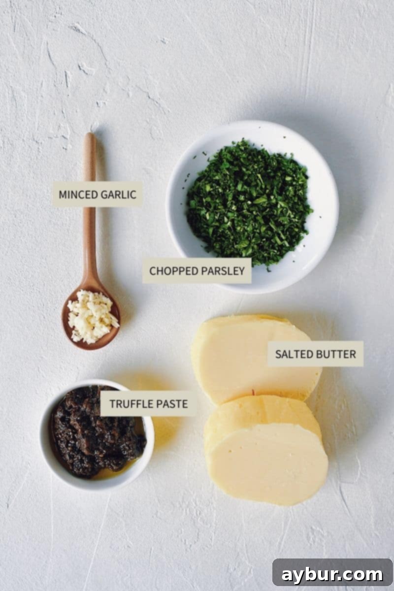 Gourmet Black Truffle Butter 3 All the essential ingredients neatly arranged for making Black Truffle Butter: a block of premium butter, fresh garlic cloves, vibrant green parsley, and a jar of black truffle paste.