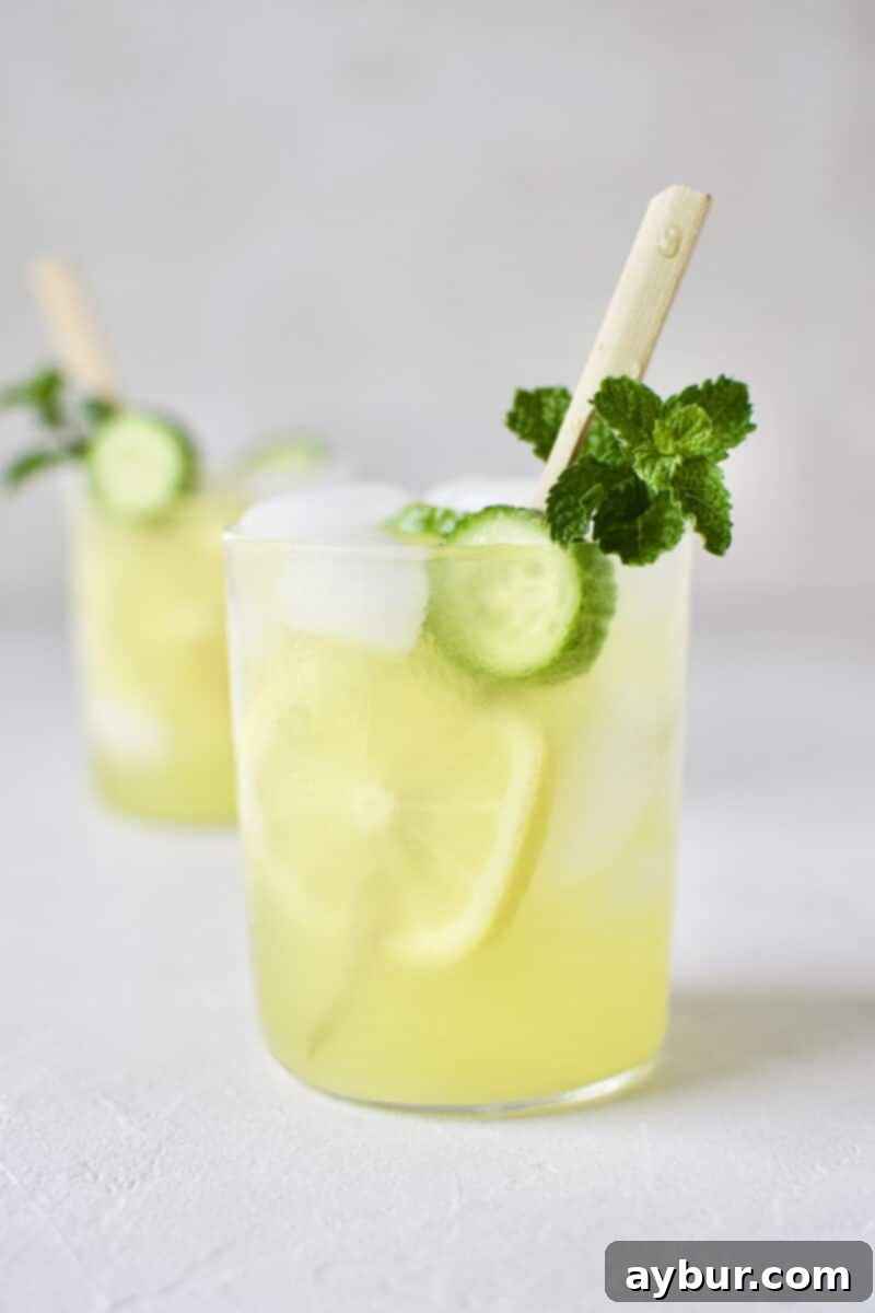 Crisp Cucumber Mint Lemonade 2 A refreshing glass of homemade Cucumber Mint Lemonade, garnished with a skewer of fresh lemon and cucumber slices, and a vibrant sprig of mint. A perfect summer drink.