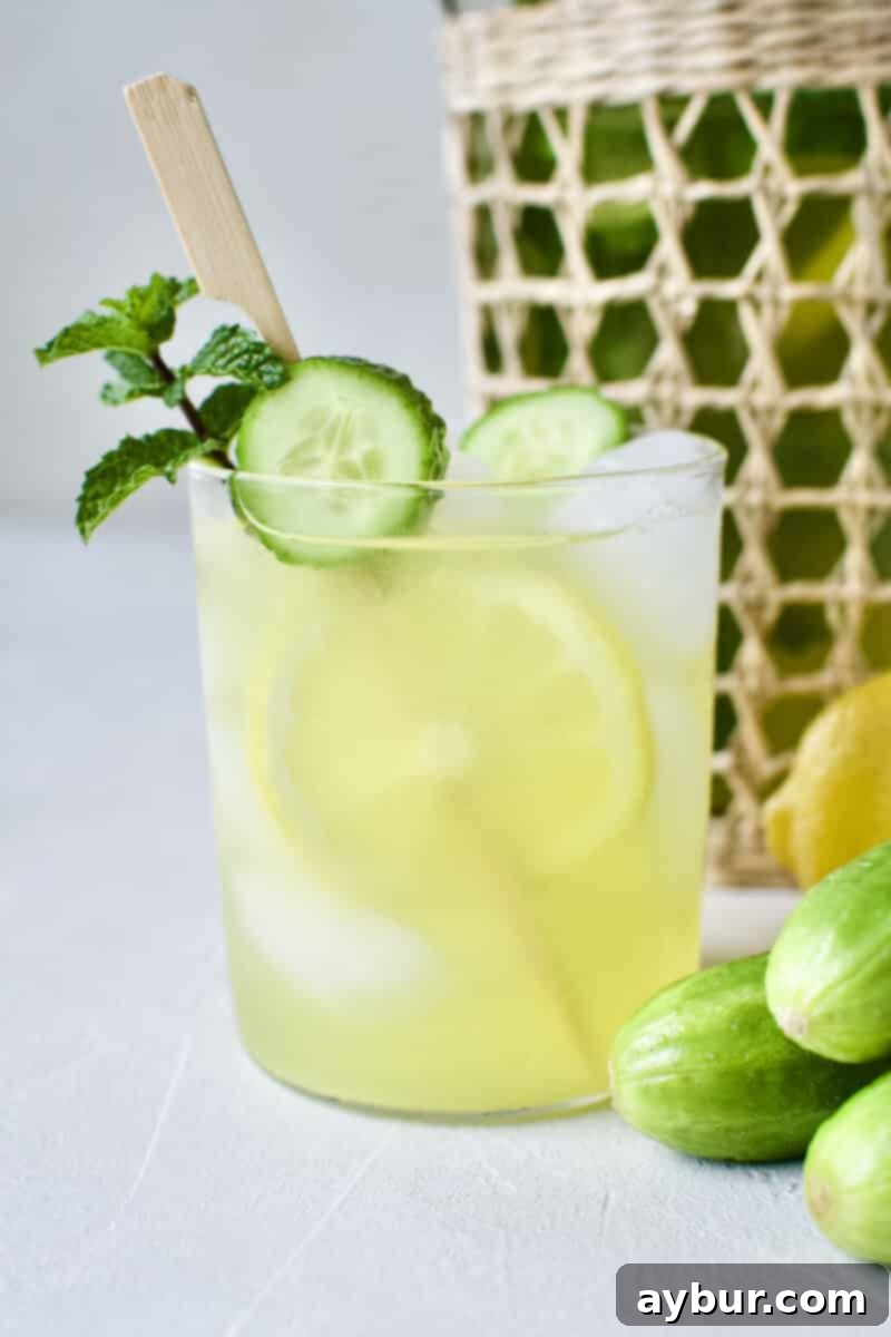 Crisp Cucumber Mint Lemonade 6 A beautifully composed glass of Cucumber Mint Lemonade, complete with a decorative skewer of lemon and cucumber slices, and a fresh mint sprig.