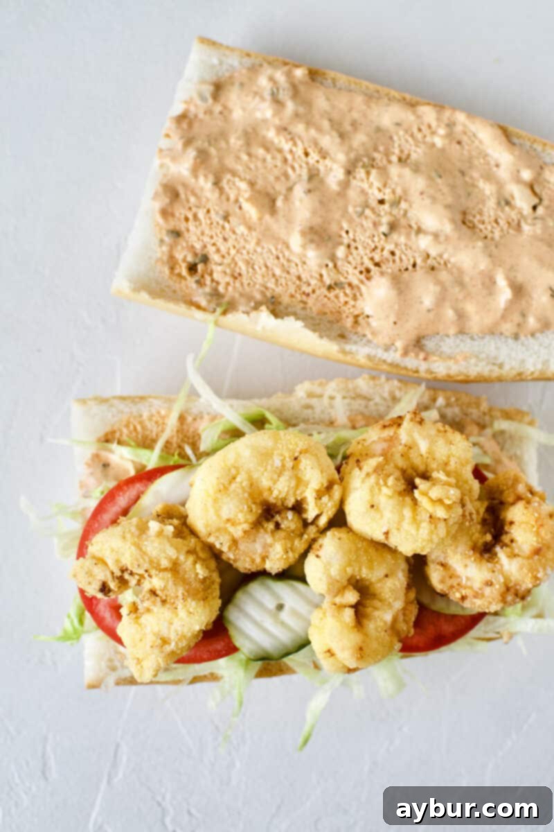 Building a Shrimp Po'boy Sandwich: French bread with remoulade, lettuce, tomatoes, pickles, and topped generously with freshly fried shrimp.
