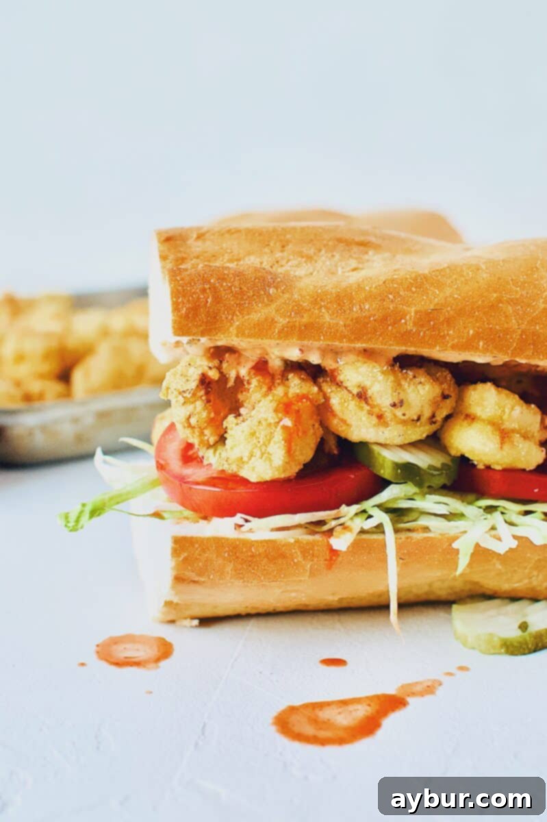Fully assembled Shrimp Po'boy Sandwich, showcasing all the delicious layers and ready to be served.