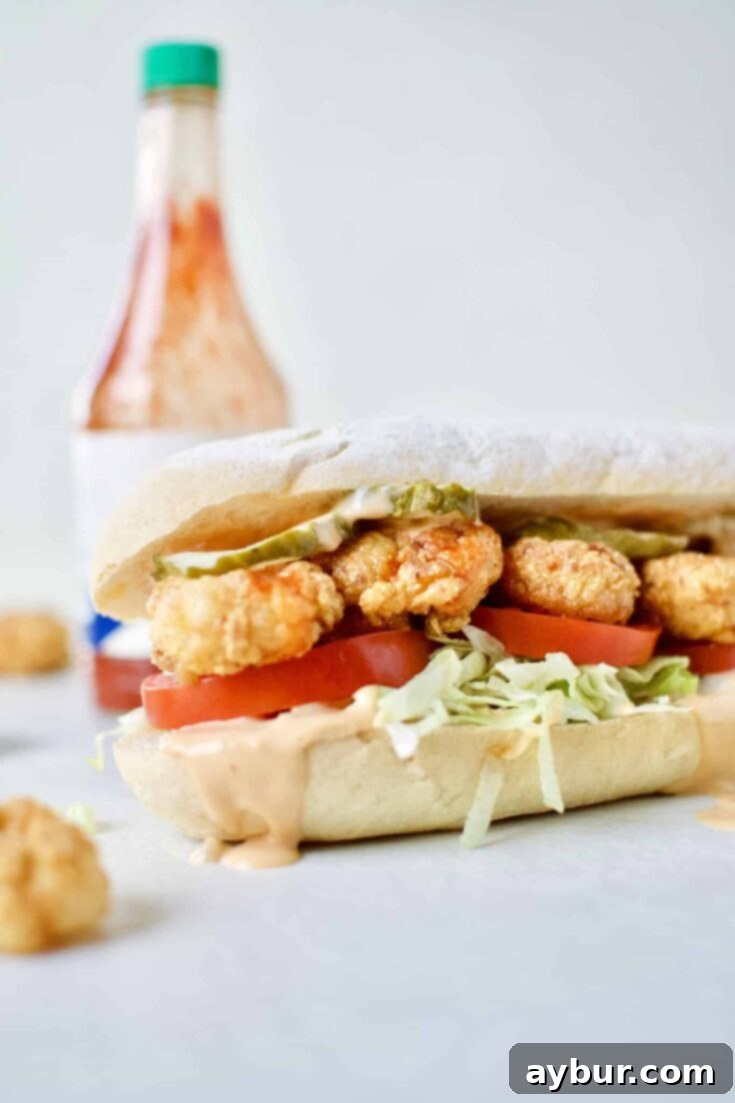 Fully assembled Shrimp Po'boy Sandwich.