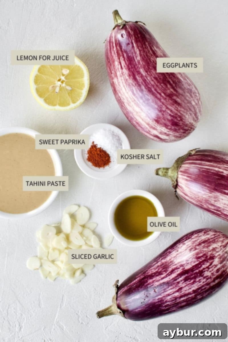 Smoky Baba Ghanoush with Golden Garlic 3 Ingredients laid out for making Baba Ghanoush with Toasted Garlic.