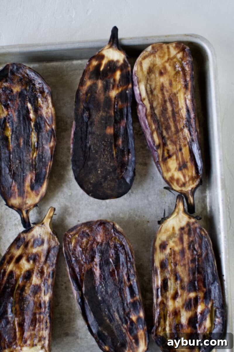 Smoky Baba Ghanoush with Golden Garlic 9 Grilled eggplant just removed from the grill, perfectly charred.