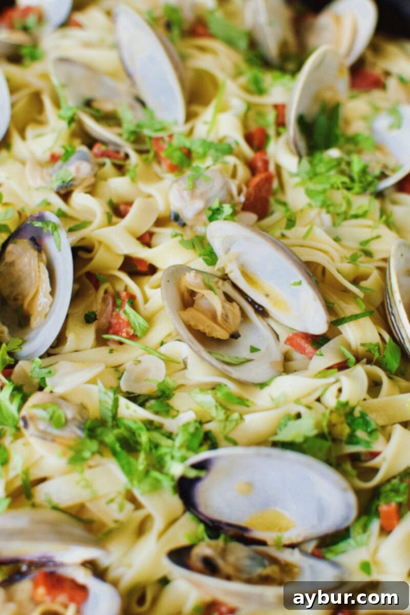 Linguine with Clams 13 A serving of linguine thoroughly tossed with the rich clam sauce, fresh herbs, and lemon, with opened clams artfully arranged on top, ready to be enjoyed.