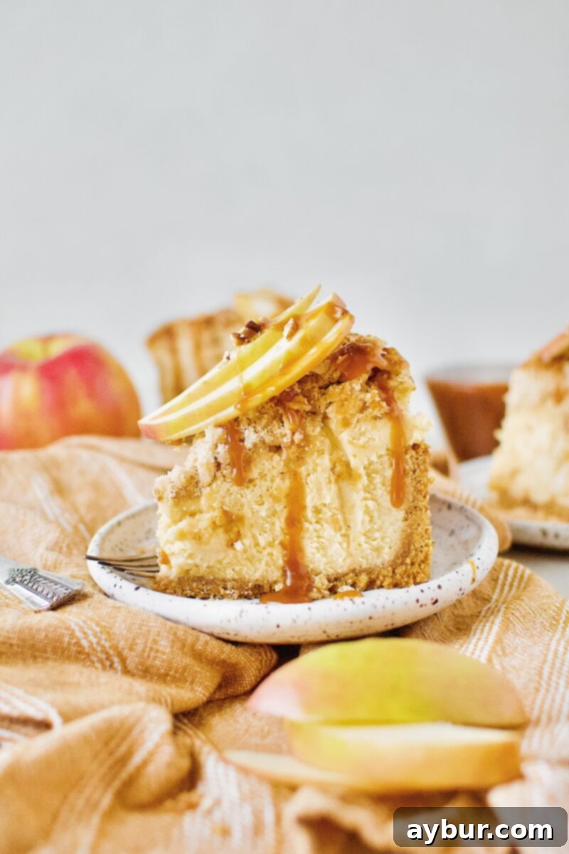 A close-up view of the rich, creamy Caramel Apple Crisp Cheesecake, highlighting the textures of the golden crisp topping and the sweet caramel drizzle.