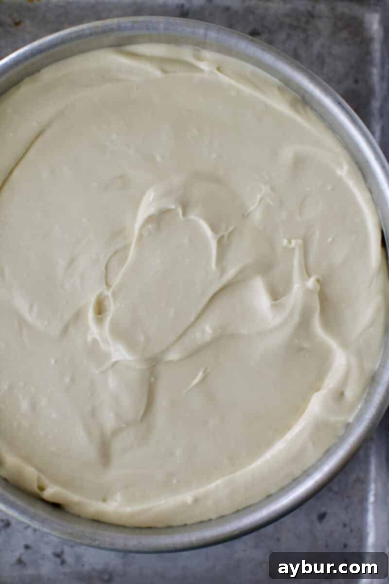 Smooth and creamy cheesecake batter, perfectly spread over the pre-baked graham cracker crust in the cake pan, ready for layering.