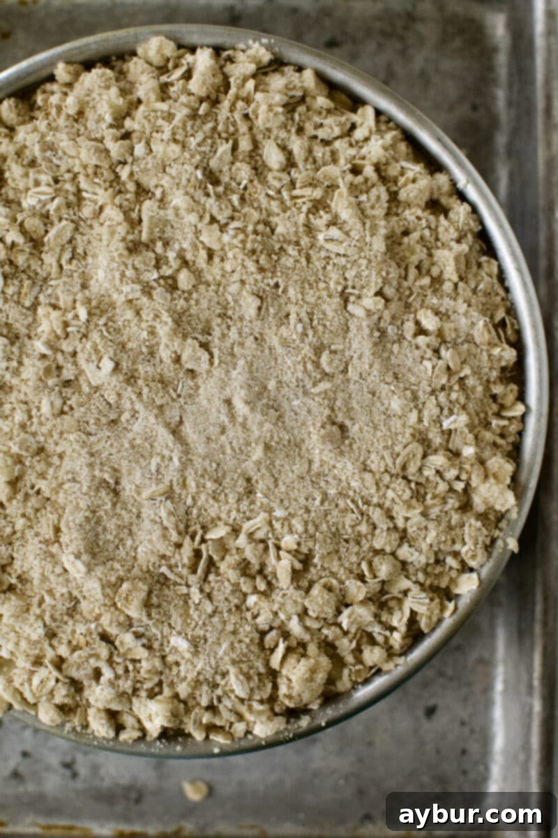 A generous layer of the crisp oat topping, beautifully spread over the diced apples and cheesecake batter, ready for its transformation in the oven.