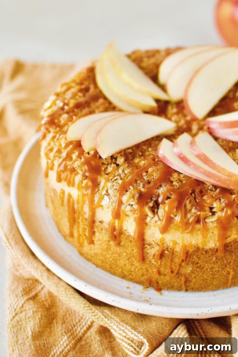 A breathtaking Caramel Apple Crisp Cheesecake, flawlessly set and adorned with generous drizzles of caramel sauce and delicate apple slices, ready to be enjoyed.