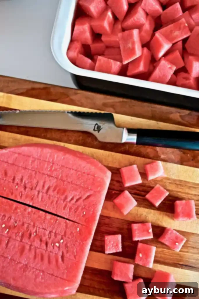 Unlock the Art of Watermelon Slicing 3 Various kitchen tools including a serrated knife and cutting board.