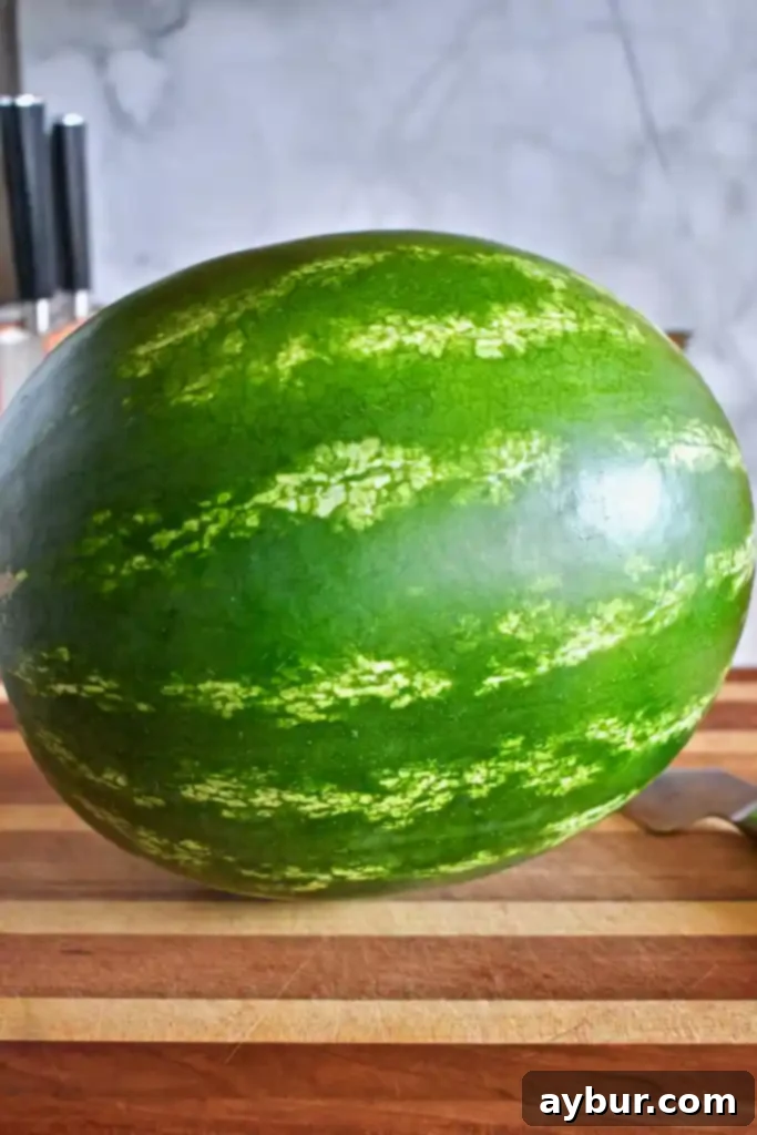 Unlock the Art of Watermelon Slicing 4 Close-up of a whole watermelon.