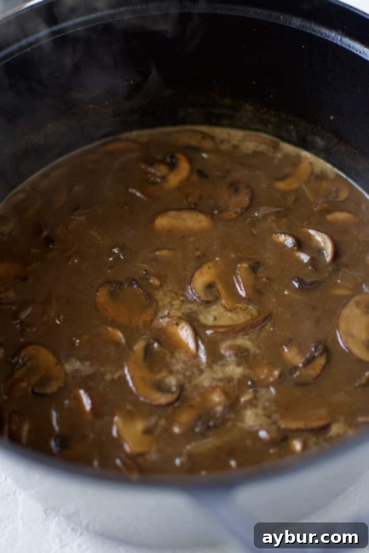 Swedish meatball gravy after simmering and thickening to a perfect, smooth consistency.