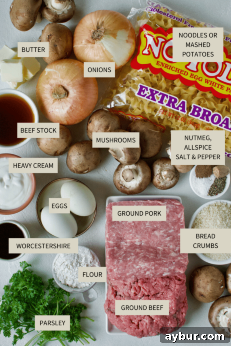 All the fresh ingredients laid out for making Easy Swedish Meatballs, including ground meat, spices, and vegetables.