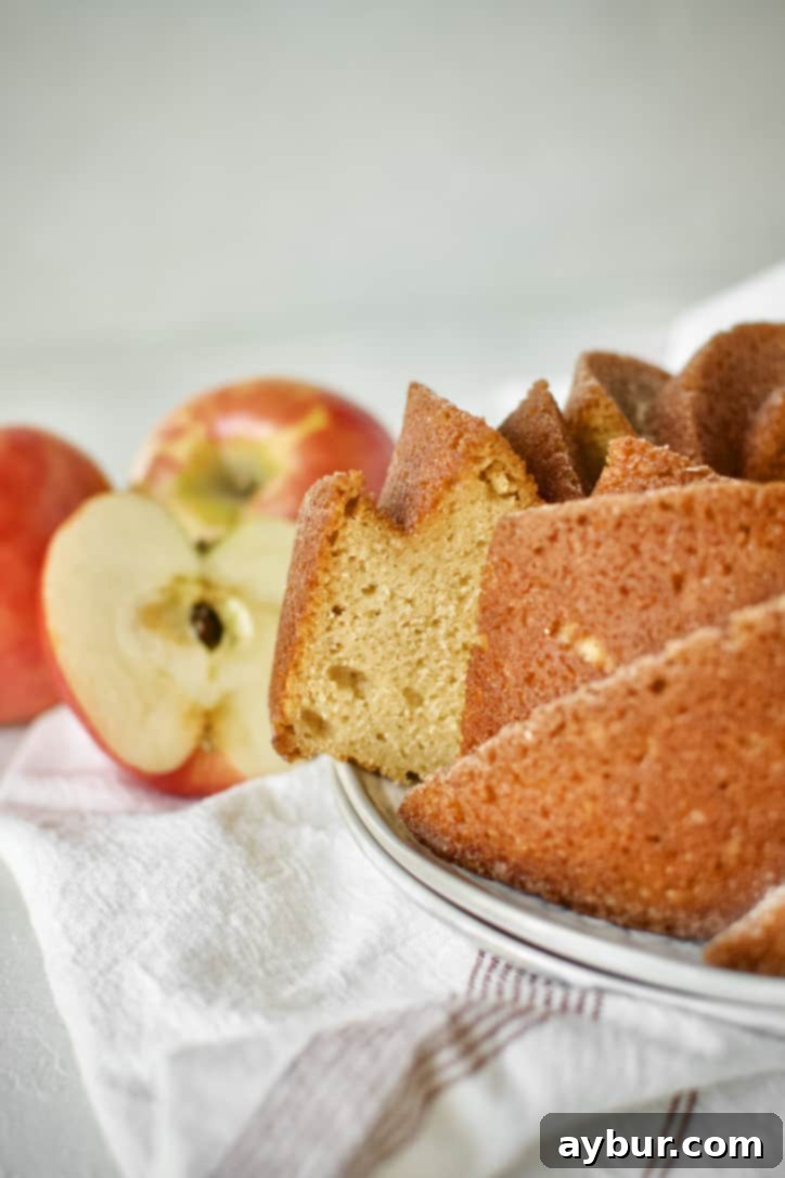 Harvest Apple Cider Donut Cake 12 A hand gently taking a slice out of the freshly baked Apple Cider Donut Cake, highlighting its soft texture.