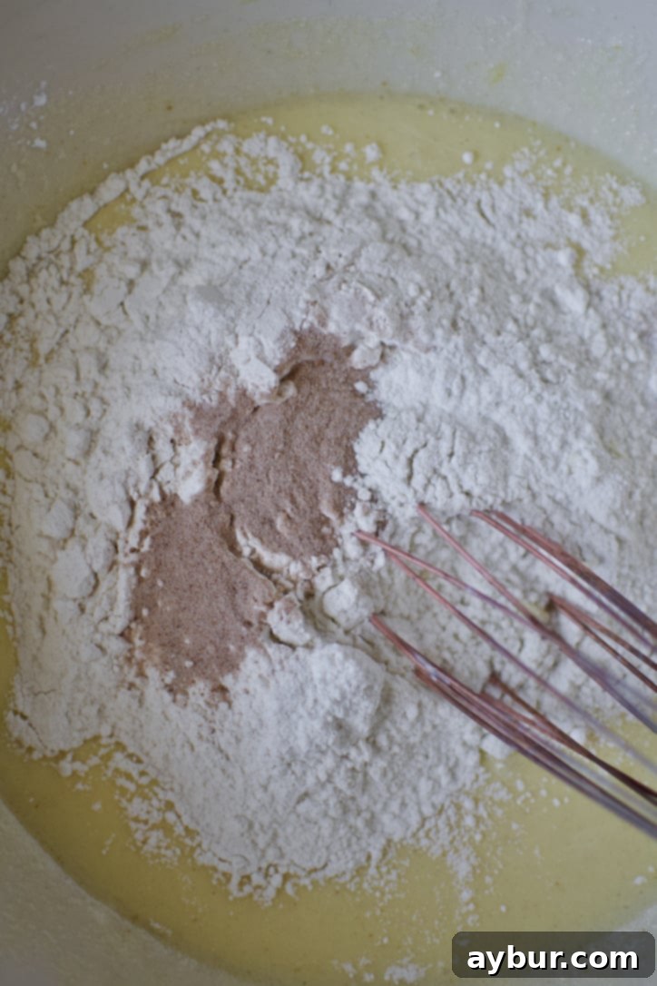Harvest Apple Cider Donut Cake 7 All the dry ingredients, including flour and spices, added on top of the wet mixture in the bowl, ready for combining.