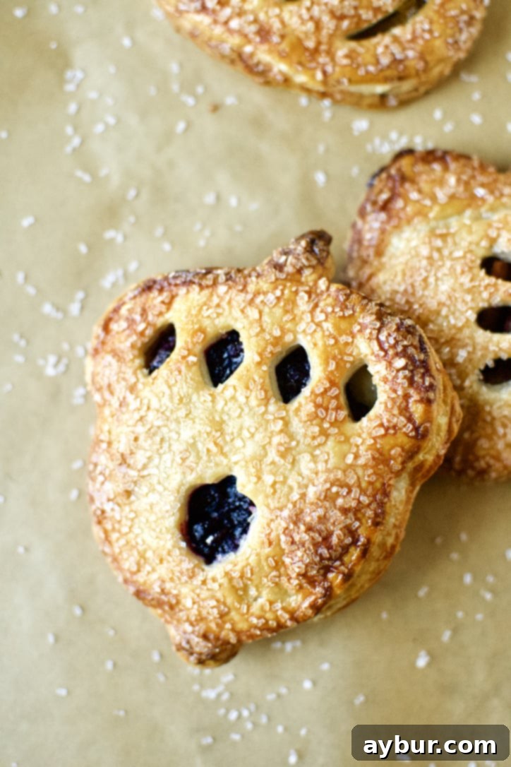 A close-up of a Boysenberry and Dark Chocolate Hand Pie, showcasing its golden crust and delicious filling.