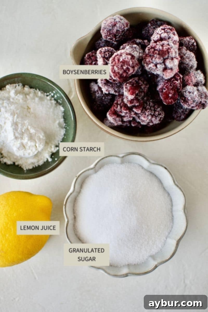 Boysenberries, dark chocolate, sugar, and lemon juice – key ingredients for the Boysenberry and Dark Chocolate Hand Pies.