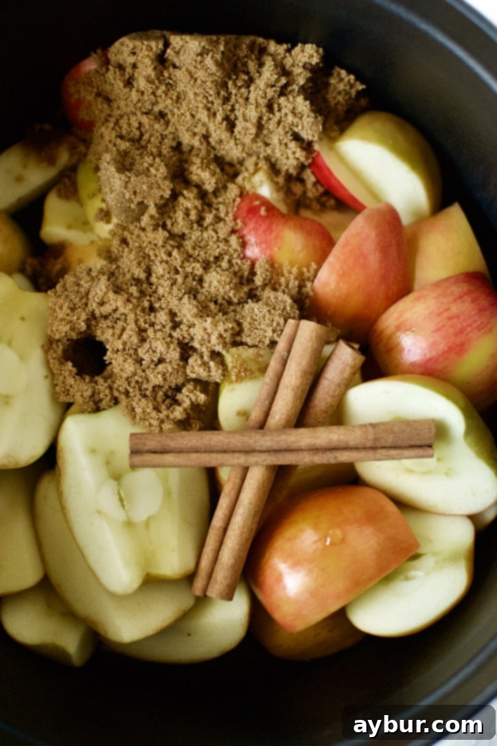 All ingredients for Homemade Apple Butter placed in the pot before cooking.