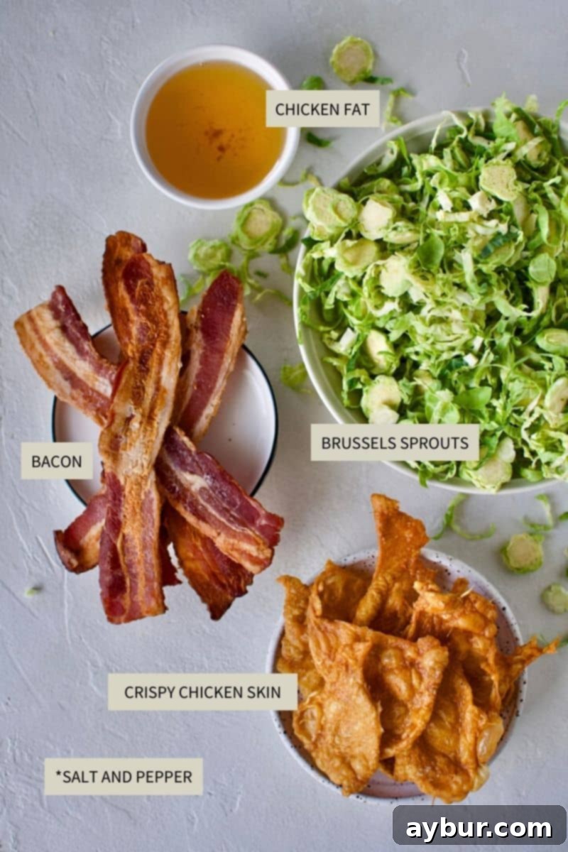 Ingredients for Crispy Brussels Sprouts with Bacon and Chicken Cracklings laid out on a cutting board.