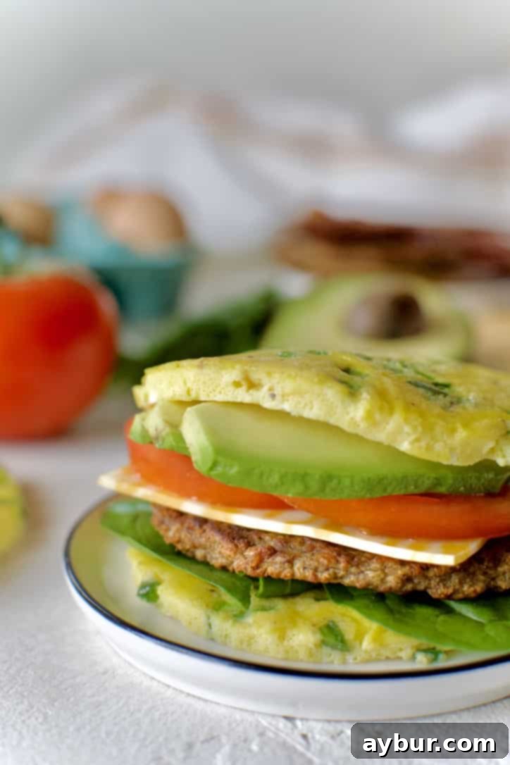 Wholesome Breakfast Sandwich 2 Finished Healthy Breakfast Sandwich ready to eat, showcasing a delicious breadless eggwich.