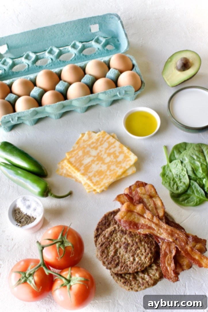 Wholesome Breakfast Sandwich 3 Various fresh ingredients laid out for making the Healthy Breakfast Sandwich, including eggs, half-and-half, and optional fillings.