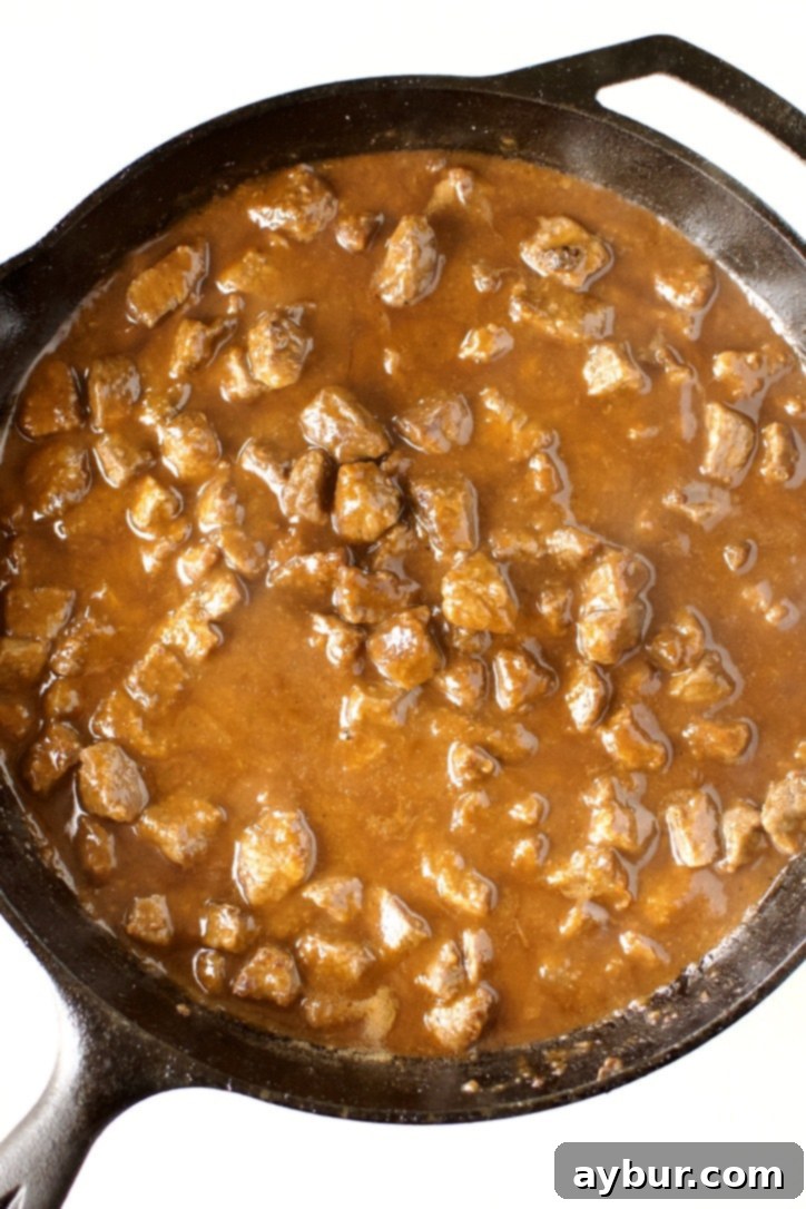 Beef Pot Pie 8 Beef Pot Pie mixture in the pan, just after the liquids (wine, Guinness, and beef stock) have been stirred in, creating a rich base.