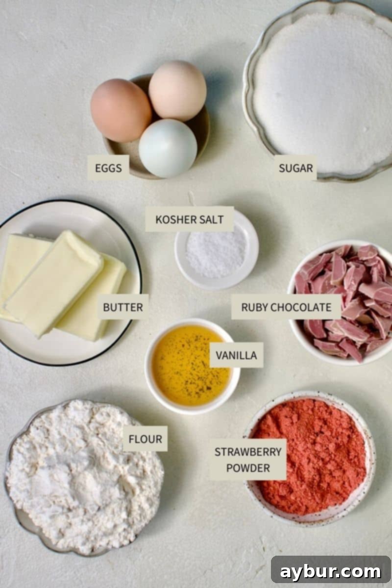 All the ingredients neatly arranged to make the delicious Ruby Chocolate Brownies.