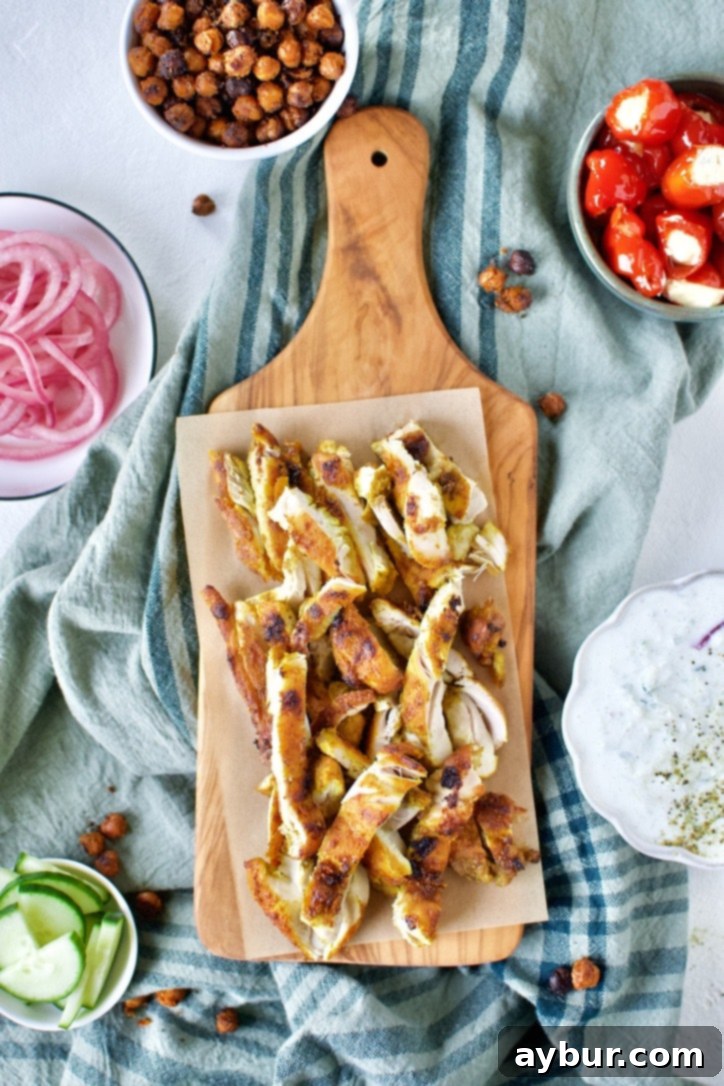 A full spread of Chicken Shawarma, sliced on a board, surrounded by an array of colorful optional toppings and fresh ingredients, suggesting a complete meal.
