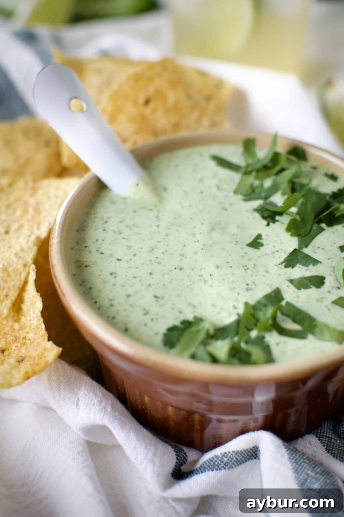 Creamy Jalapeño Dip served with chips and alongside a fresh margarita.
