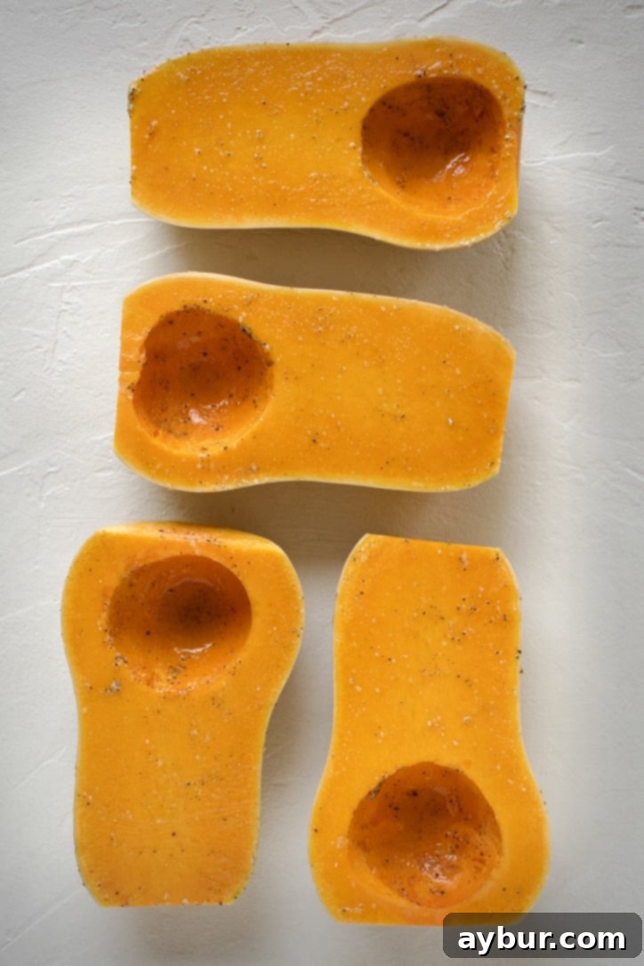 Jalapeño Popper Butternut Squash Boats 4 Butternut squash halves, seasoned with olive oil, salt, and pepper, before roasting.