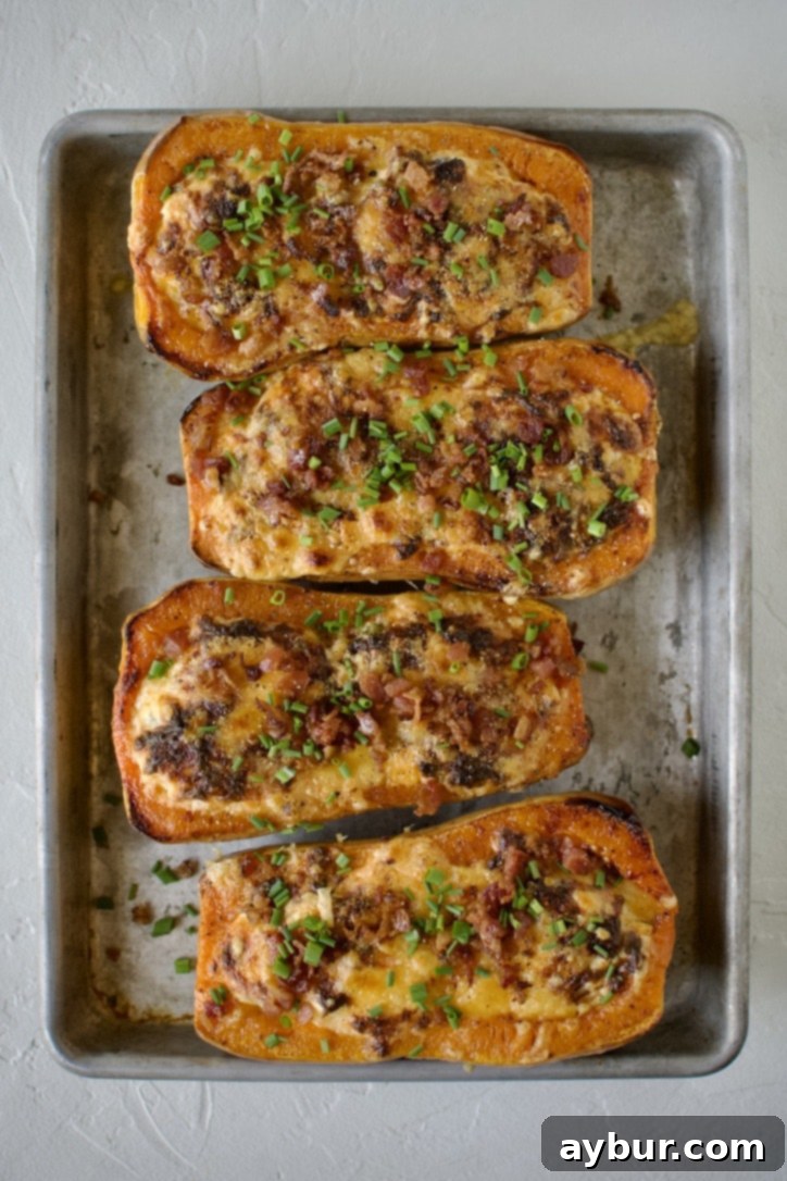 Jalapeño Popper Butternut Squash Boats 8 Stuffed butternut squash halves, ready for broiling with generous topping of creamy filling.