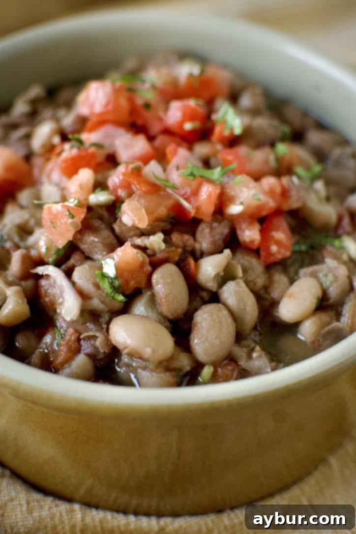 Easy Pressure Cooker Pinto Beans 2 A bowl of perfectly cooked Pressure Cooker Pinto Beans, generously topped with fresh Pico de Gallo.