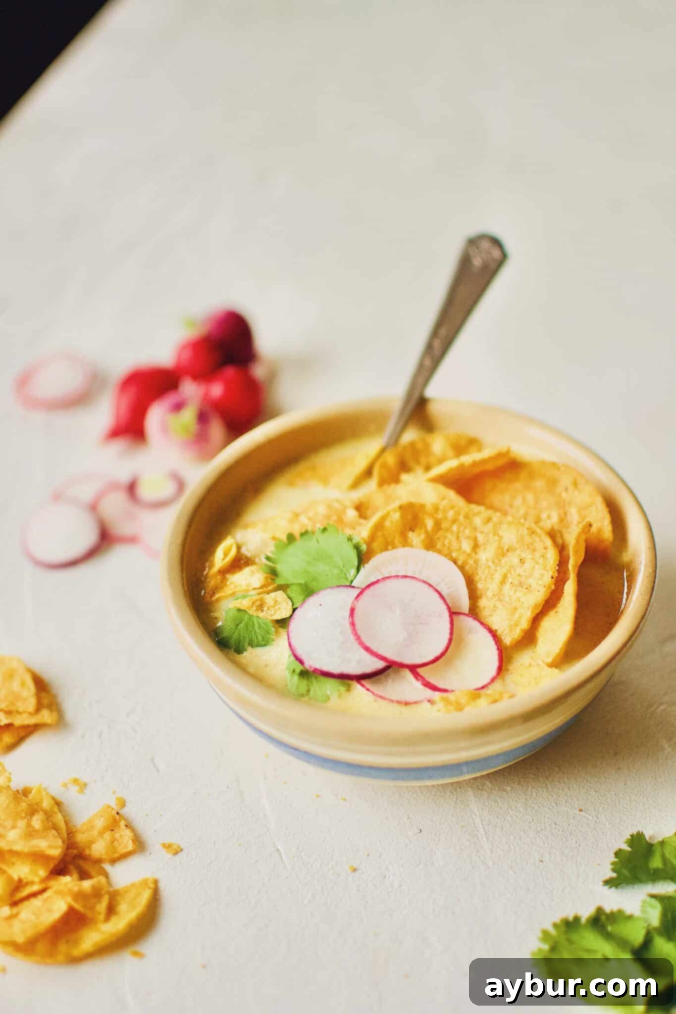 Joanna Gaines Creamy Chicken Poblano Soup prepared by KendellKreations.com, a close-up shot showing the creamy texture and fresh toppings.