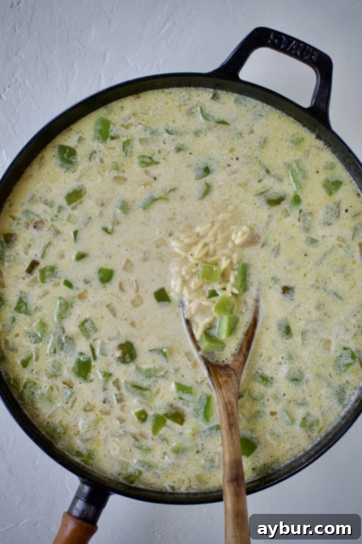 Mediterranean Lemon Orzo Chicken 7 Orzo pasta and vegetables in chicken stock and cream.