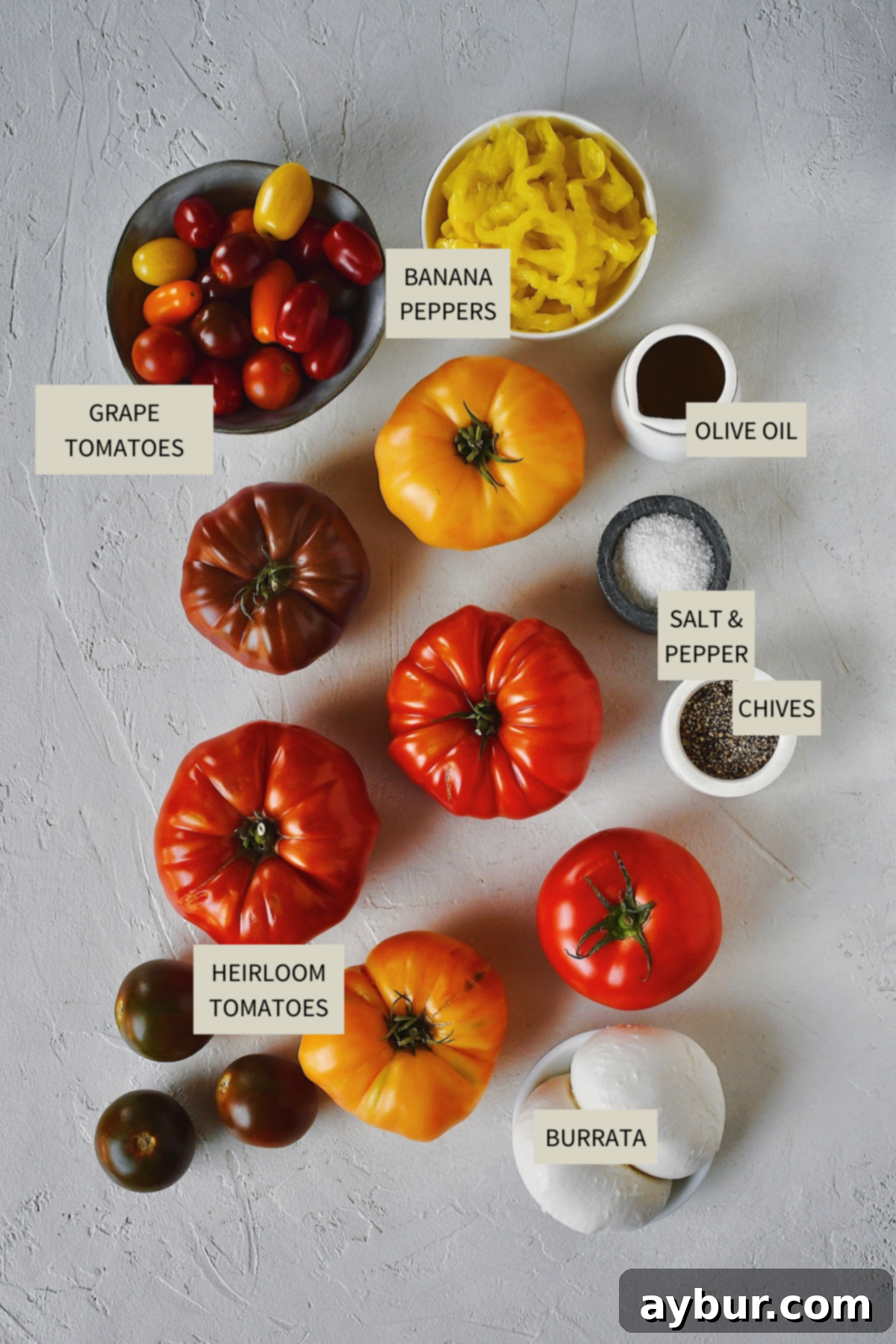 Creamy Burrata and Zesty Banana Pepper Tomato Salad 3 Ingredients needed to make Tomato Salad.