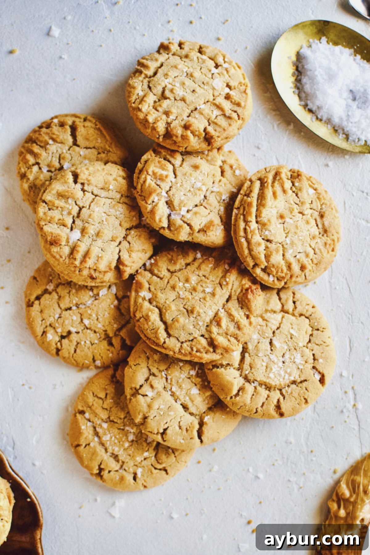 Peanut Butter Crunch Cookies 2 Freshly baked crunchy peanut butter cookies, artfully piled and sprinkled with flakey sea salt, ready to be enjoyed.