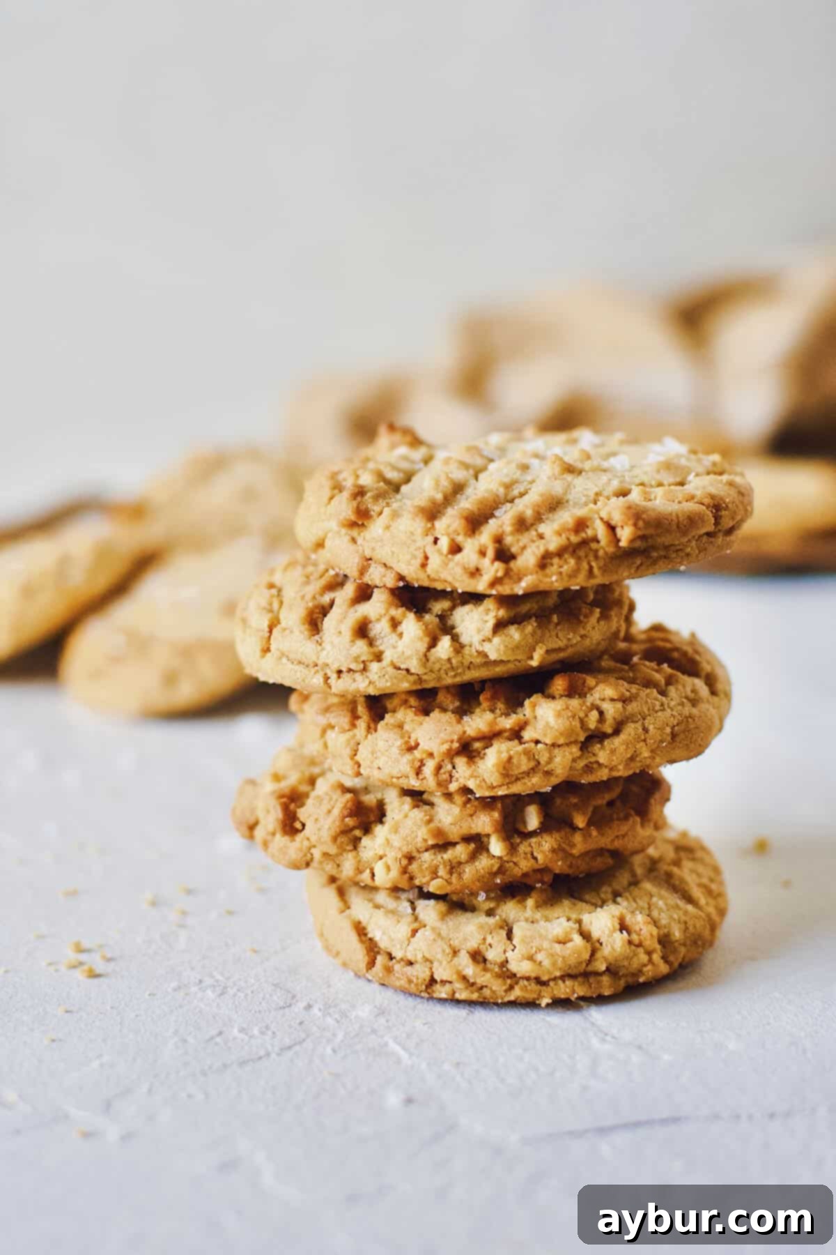 Peanut Butter Crunch Cookies 12 A stack of golden-brown crunchy peanut butter cookies, generously sprinkled with flaky sea salt, creates an enticing display on a kitchen counter.