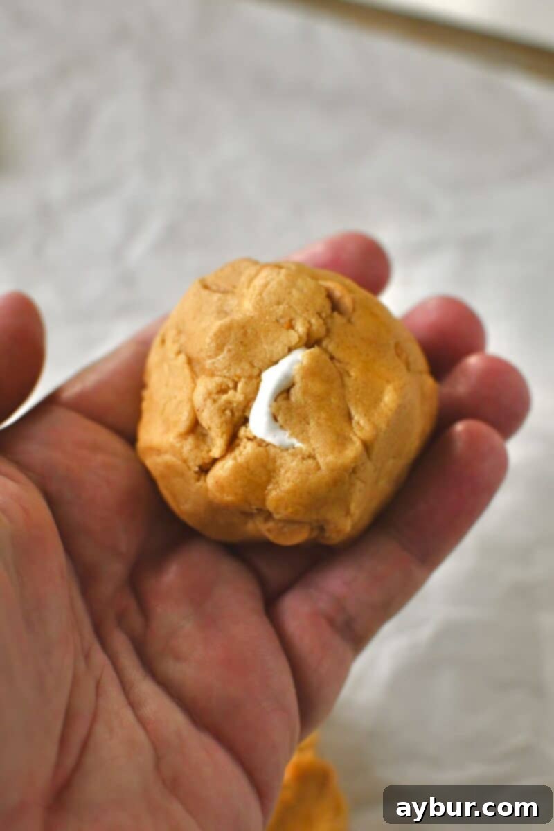 The cookie dough fully closed around the marshmallow cream, forming a complete ball ready for baking.