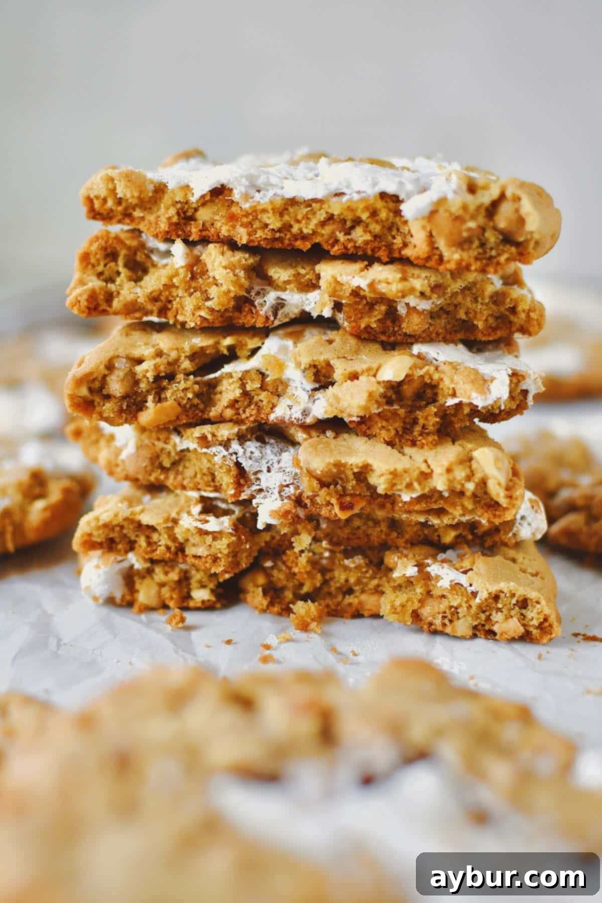 Beautifully golden Fluffernutter Cookies, fresh from the oven and ready for a bite, garnished with flakey sea salt.