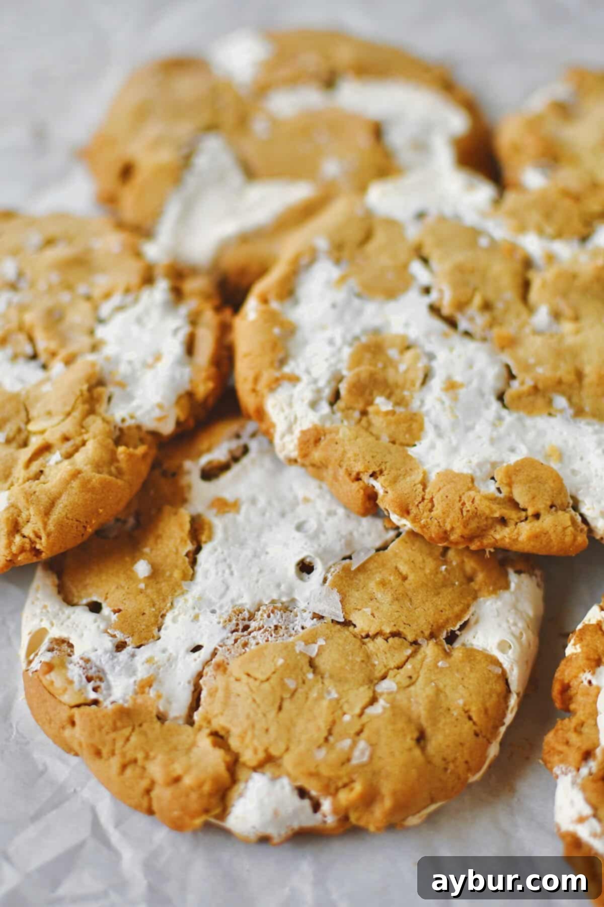 A close-up of warm Fluffernutter Cookies, fresh from the oven, showing the soft, golden edges and a sprinkle of flakey salt.