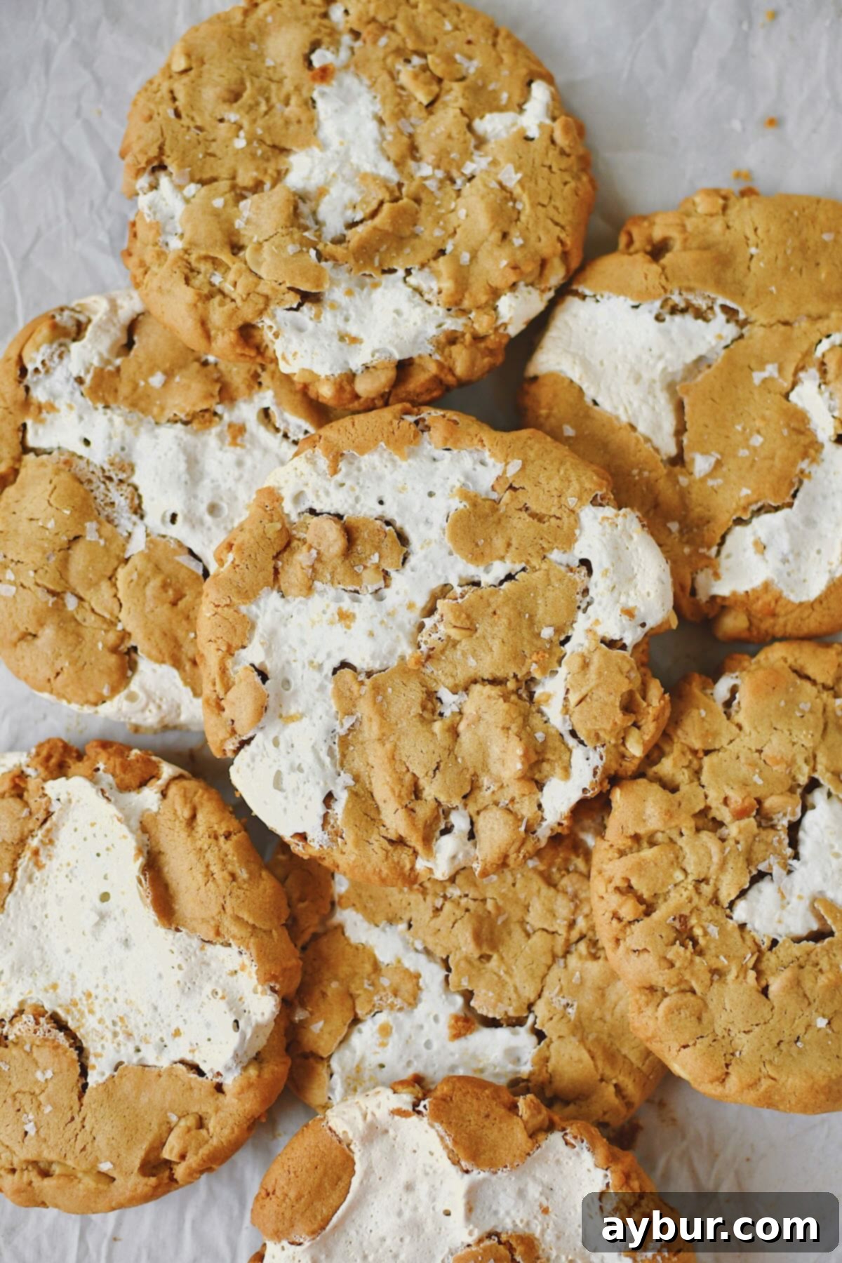 A stack of perfectly baked Fluffernutter Cookies, topped with flakey salt, ready to be enjoyed as a delightful dessert.