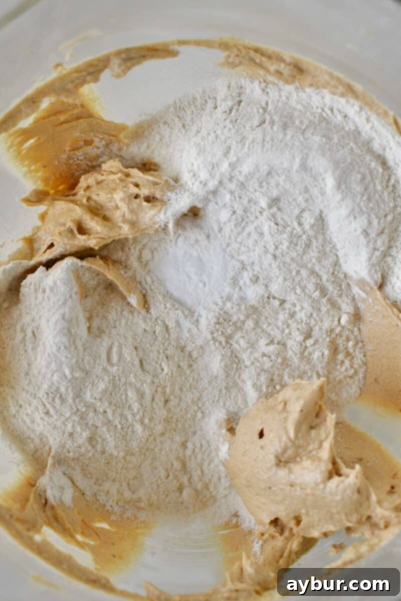 Dry ingredients and milk added to the stand mixer bowl, poised for mixing into the wet ingredients.